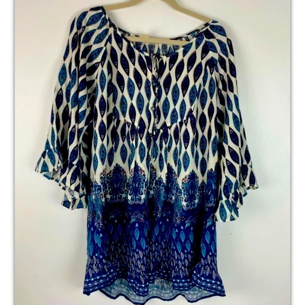 Roxy Batik Bell Sleeve Boho‎ Peasant Top Dress sz S